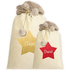 Saco de Papá Noel de Terciopelo Personalizado en Crema con Diseño de Estrella Regalo de Navidad para Niños - Imagen 1 de 7