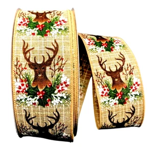 Christmas Brown Deer Head 2.5" by 2 yards Wired Ribbon Textured Linen Winter - Picture 1 of 5