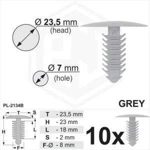 10 x Grey Plastic Fir Tree Trim Clips 7mm Hole, 23.5mm Head Car Push In Button - Picture 1 of 2