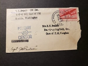 APO 945 CORDOVA, ALASKA 1942 Censored WWII Army Cover QM Det - Picture 1 of 2