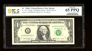 DBR 1988-A $1 Boston Web-Fed Gem Fr. 1917-A PCGS-B 65 PPQ Serial A29529452E - Picture 1 of 2