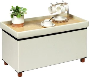 Linen Coffee Table Ottoman with Tray, Large Storage Bench with Wooden Legs, T... - Picture 1 of 9