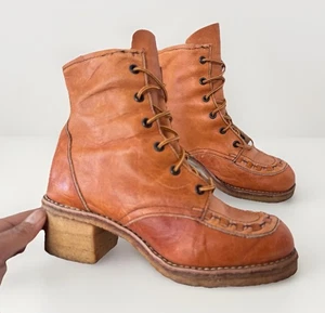 Stivali vintage anni 70 Zodiac pelle marrone cucito lacci suola gomma western tacco a blocco - Foto 1 di 12