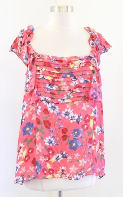 Blusa Top Parker Coral Floral Volantes Manga Gorra Plisada Mezcla Seda Talla L Foto 1 de 4