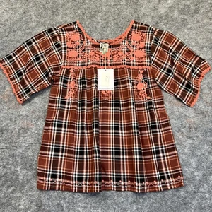 SISTER MARY Embroidered Black Brown Boho Plaid Top Blouse XS Bell Sleeves NWT - Picture 1 of 11