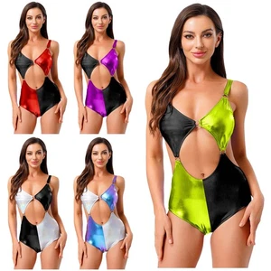 Women's Metallic Shiny Contrast Color Sleeveless Bodysuit Sling Leotard Swimsuit - Picture 1 of 72