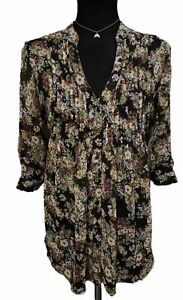 American Rag Cie Size M Black 3/4 Sleeve Floral Sheer Tie back Blouse