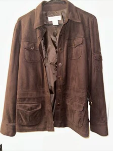 Jones New York Sport Dark Brown Faux Suede Stretch Jacket Blazer Size Large L - Picture 1 of 6