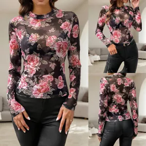 Womens Slim Fit Round Neck Pullover Plant&Flowers Mesh Long Sleeve T-shirt Tops - Picture 1 of 15