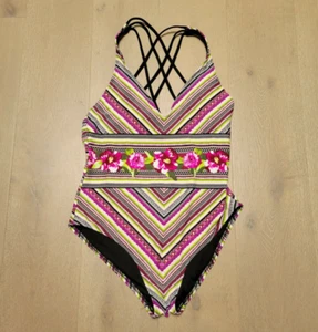 Mossimo Swimsuit Large One Piece Multicolor Floral Striped Strappy Back V-Neck - Picture 1 of 9