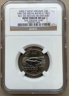Mint Error Multiple Cuds 2005 25C WVA Quarter Obv & Rev Die Breaks NGC MS66 - Image 1 of 2