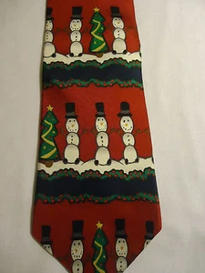 Save the Children Red Blue Green White Christmas Snowmen Trees Designs Tie 58.5" - Picture 1 of 2