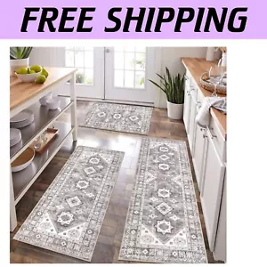 3-Piece Boho Kitchen Rug Set with Non-Slip Runner - Washable Farmhouse Mats - Picture 1 of 8