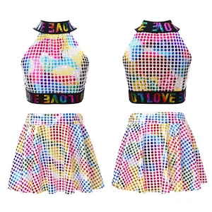 Kids Girls Set Party Suit Skirt Outfit Jazz Costume Hip Hop Uniform Crop Top - Picture 1 of 32