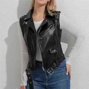 Women's Black Vintage Motorcycle Leather Vest |Classic Biker Riding Leather Vest - Picture 1 of 6
