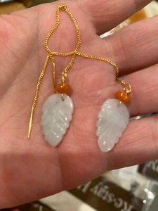 NEW*RARE*GORGEOUS NATURAL GRADE A JADEITE稀有天然A货翡翠CARNELIAN玛瑙红玉GOLDS925 EARRINGS - Picture 1 of 2