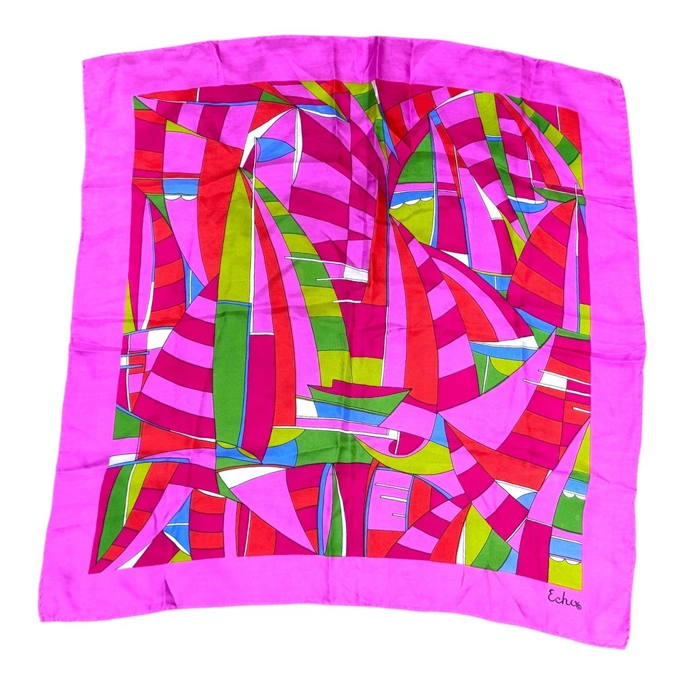 Vibrant Echo Geometric Abstract Silk Square Scarf Accessory Hot Pink Fuschia - Image 1 of 4
