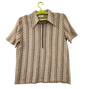 Vintage XL Hartog Knit Polo Shirt 70s Mod Brown Geometric Stripe 1/4 Zip Retro - Picture 1 of 11