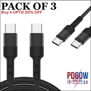 Type C to Type C Cable PD 60W Fast Charger Braided Long USB Lead For Samsung - Picture 1 of 11