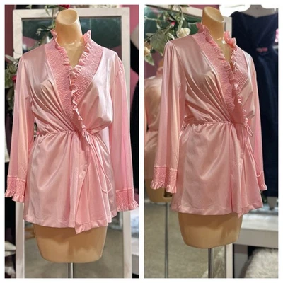 Vintage 70s Lingerie Top Blouse Short Robe Pink Coquette Dressing Gown S/M - Image 1 of 4