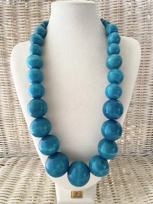 Damenkette Statement Perlenkette  Extravaganter Modeschmuck Halskette Holz Blau - Bild 1 von 4