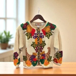 Vtg Cardigan Bay Hand Knitted Cardigan Fall Harvest Cornucopia Fruits Sz M - Picture 1 of 13