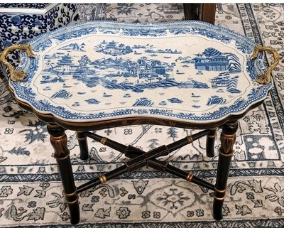 BLUE WILLOW CHINOISERIE PORCELAIN TRAY TABLE WITH WOOD STAND AND BRONZE ORMOLU - Image 1 of 4