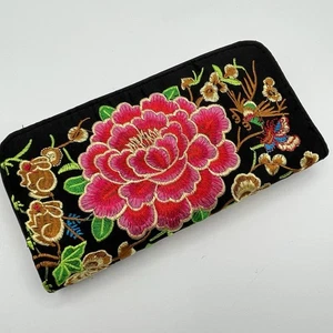 Blumen bestickt umlaufender Reißverschluss Geldbörse Clutch Portemonnaie schwarz bunt Design - Bild 1 von 6