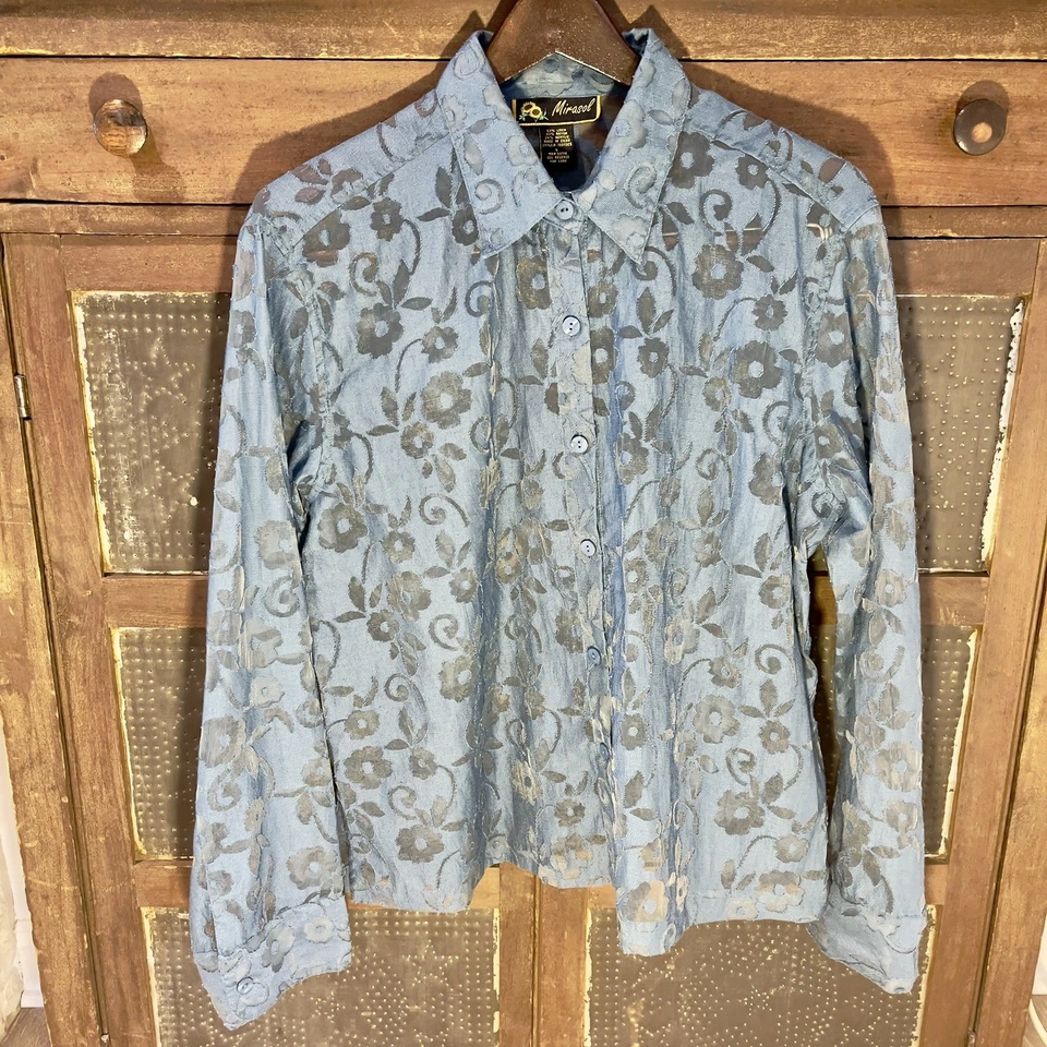 Mirasol Women L Buttonup Blouse Blue Mesh/woven Floral Long Sleeve Linen Blend - Image 1 of 4