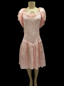 Vintage 1980s Pretty In Pink Dress Puffy Sleeves And Bow - Picture 1 of 15