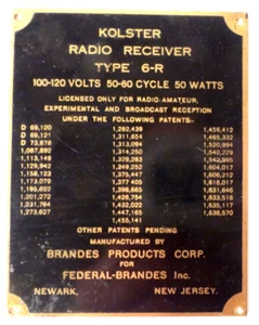 vIntage  KOLSTER 6R RADIO:  BRASS NAMETAG & orig nails. 3 & 3/8" x 2 & 5/8" - Picture 1 of 2