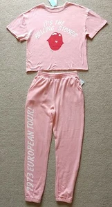 Womens Pink Rolling Stones Valentines Crop Top Tshirt Sweats Outfit Jogger Set - Picture 1 of 7