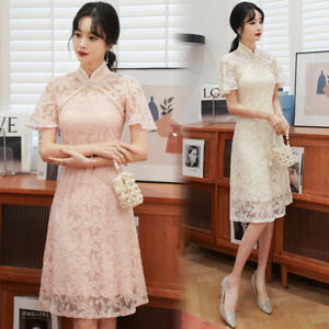 Women Lace Improved Cheongsam Summer Young Lady A Line Sweet Qipao Dress