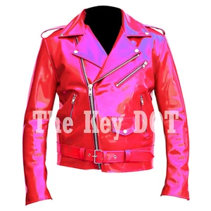 Men RED PVC Vinyl Jacket Glossy RED WET Look Biker Jacket Shiny Gothic Jacket - Picture 1 of 2