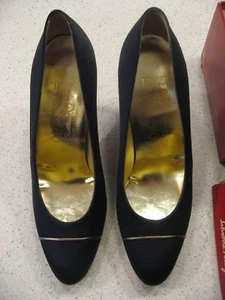 Salvatore Ferragamo Perdono Black Fabric with Gold Women's Heels Size 6-1/2 B - Picture 1 of 12