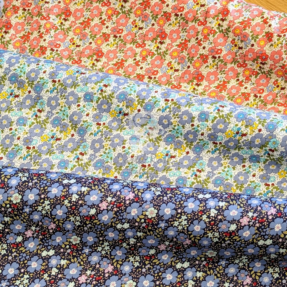 ROSE & HUBBLE Berry Blossom Floral 100% Cotton Fabric - clothing, craft - Navy, Blue, Coral