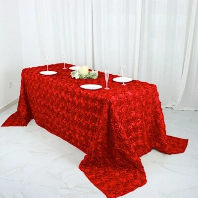 90x132" SATIN Ribbon Rosette Rectangle TABLECLOTH Designer Wedding Party Linens - Image 1 of 3