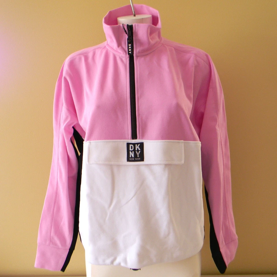 Womens DKNY Sport 1/2 Zip Pullover Sweatshirt Size Medium Pink White
