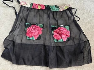 Vintage 1950's Black Half Apron Floral Pattern Waist Tie Sheer Pockets - Picture 1 of 4