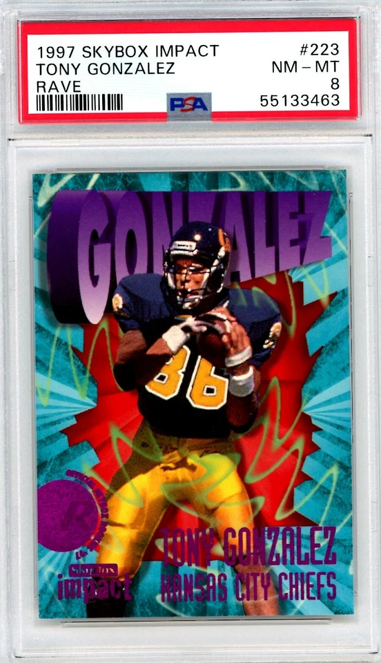 1997 Skybox Impact TONY GONZALEZ Chiefs RAVE 108/150 Rookie HOF 223 PSA 8 Pop 3 - Image 1 of 1