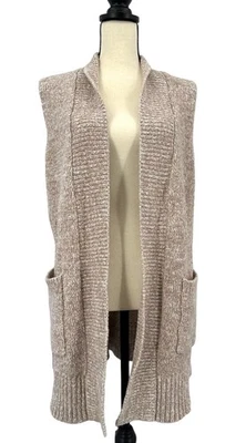 LOFT XS/S 码柔软米色针织无袖中长开放式开衫毛衣背心 — 第 1/4 张图片