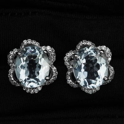 Elegant Sea Blue Aquamarine 10.20Ct 925 Sterling Silver Handmade Floral Earrings - Image 1 of 4