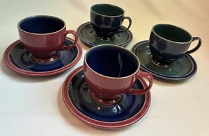 Set 4 Vtg Denby England Harlequin Stoneware Cups & Saucers Blue/Green & Red/Blue - Picture 1 of 13