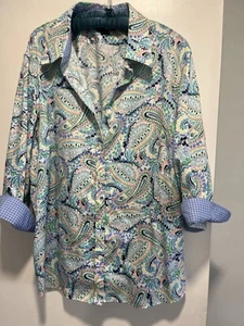 Chaps Women's Shirt Size 3X Blue Paisley Button Down 3/4 Sleeve Top Blouse - Picture 1 of 9