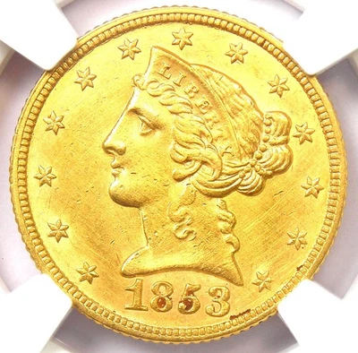 1853 Liberty Gold Half Eagle $5 Coin. Certified NGC Uncirculated Detail (UNC MS) - Image 1 of 4