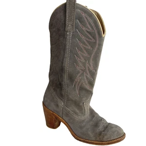 Vintage Suede Cowboy Boots Size 7 Womens Gray Leather Block Heel Red Stitching - Picture 1 of 7