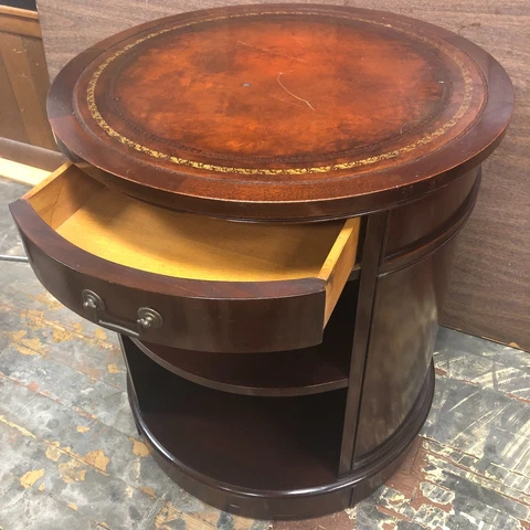 Vintage Round Mahogany Drum Table with Leather Top Local Pickup Only Cover