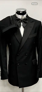 Black double breasted peak lapel wool tuxedo with matching pants - Picture 1 of 4