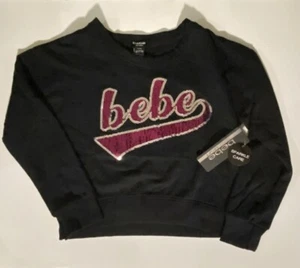 Brand New Black, Hot Pink & Silver Bebe Sequined Crop Sweatshirt - Size S 7/8 - Picture 1 of 5