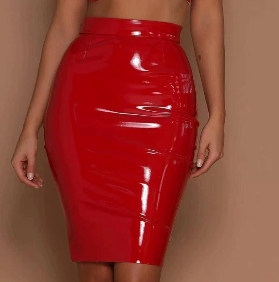 Sexy Falda Lápiz Elástica Delgada Imitación Látex Mujeres Cintura Alta Bodycon Cuero Foto 1 de 4